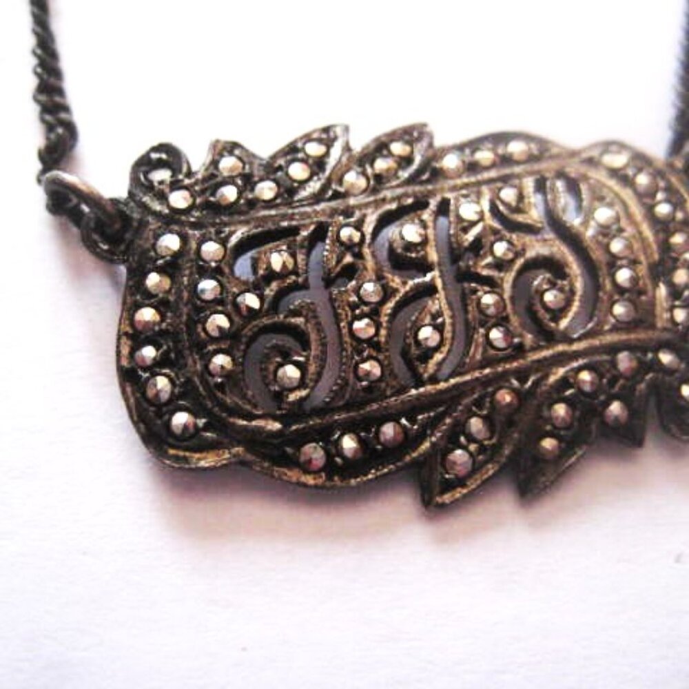 Vintage Men's Art Deco Tie Clip Dangling Chain Silver & Marcasite Initials FJS